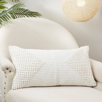 Off-White Cotton Textured Woven Diamond Rectangular Throw Pillow