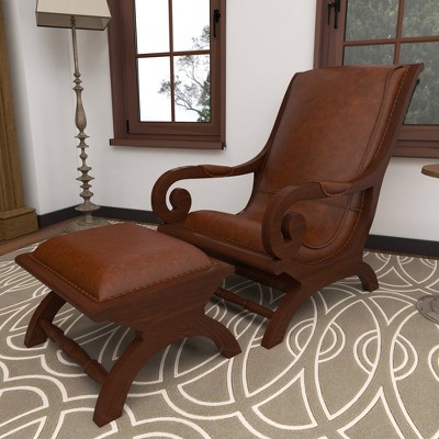 Handcrafted Brown Leather and Teak Wood Accent Chair with Ottoman