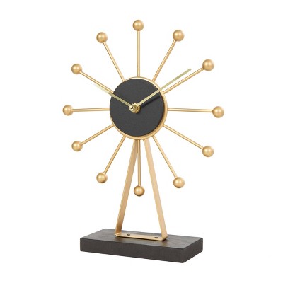 12"x9" Metal Sunburst Clock with Black Base and Clockface Gold - CosmoLiving by Cosmopolitan: Silent, Modern Shelf & Desk Decor