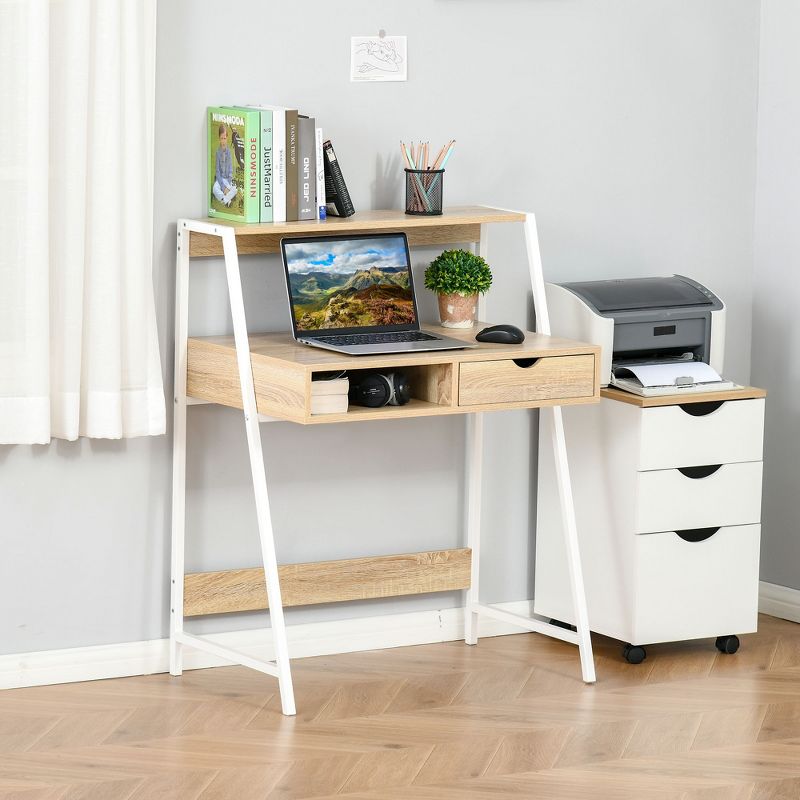 HOMCOM Home Office desk, Computer Desk for Small Spaces, Writing Table with Drawer and Storage Shelves, 2 of 7
