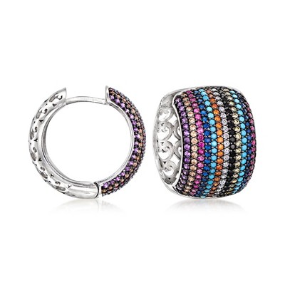 Ross-Simons 0.90 ct. t.w. Simulated Multi-Gemstone and .50 ct. t.w. Multicolored Czs Hoop Earrings in Sterling Silver
