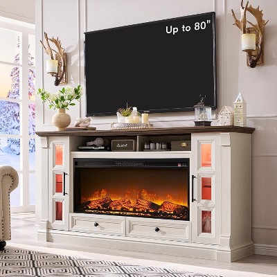 SinCiDo 80" TV Fireplace Stand, 36" Farmhouse Entertainment Center w/42" Electric Fireplace, Glass Door Cabinets & Drawers