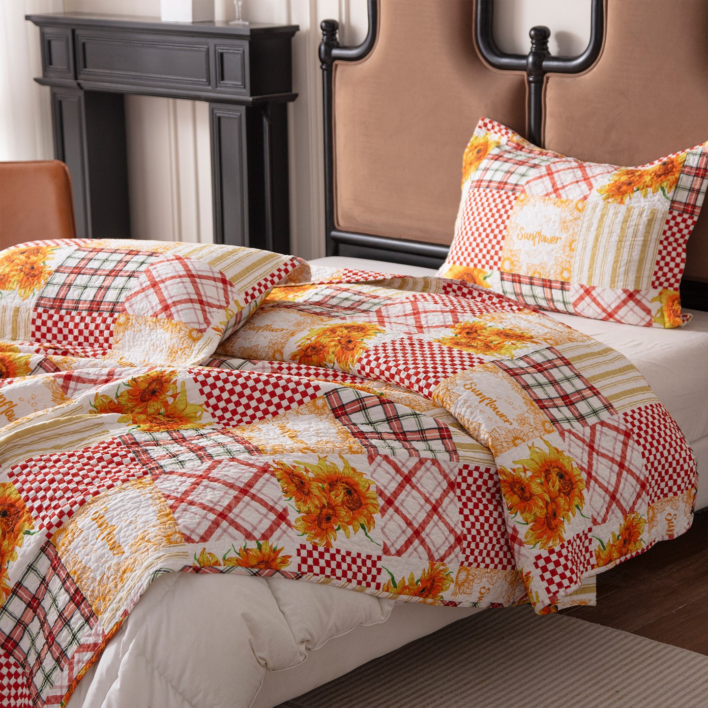 Комплект с покрывалом Acoinel Sunflower Patchwork Quilt Set - 3-Piece Reversible Bedspread with Pillow Shams — фото 7
