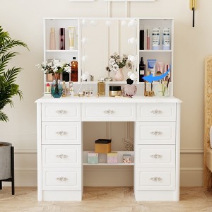 Hitow White 3 Mirrored Dresser with Lighting and Storage Drawers Carved Handles - 1 of 4