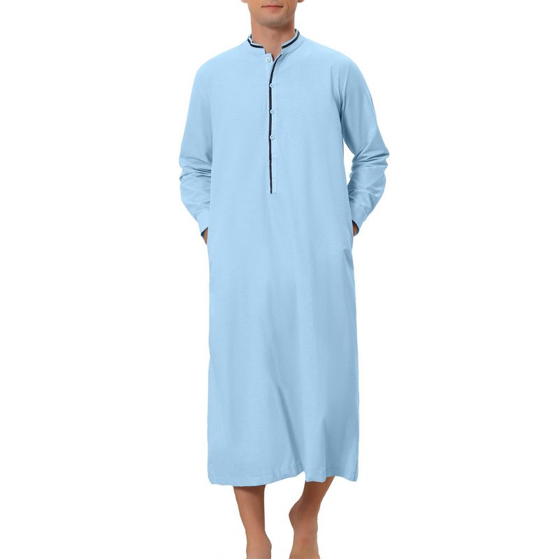 Lars Amadeus Men's Contrast Color Stand Collar Long Sleeves Button Nightgown, 1 of 6
