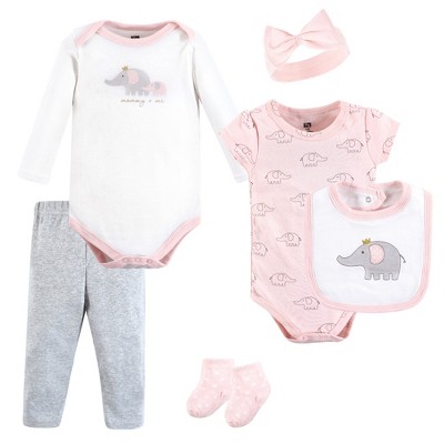 Image of Hudson Baby Infant Girl Cotton Layette Set, Pink Gray Elephant, 3-6 Months