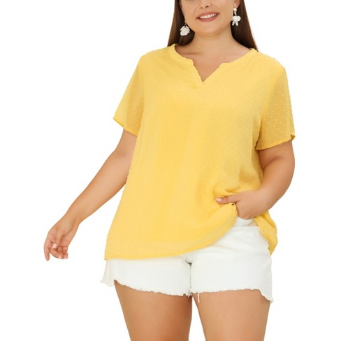 Agnes Orinda Women's Plus Size Pin Dots V-Neck Dressy Trendy Fashion Summer  Blouses Yellow 3X