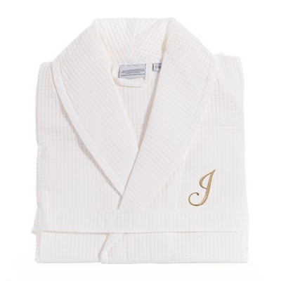 Linum Home Textiles 100% Turkish Cotton Unisex Personalized Waffle Weave White Bathrobe in Gold Script Font