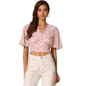 INSPIRE CHIC Women's Floral Flare Short Sleeve V Neck Summer Smocked Crop Tops - 1 of 4
