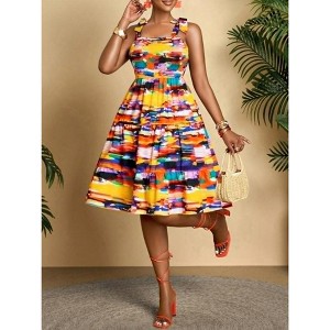 Mocamel Women's Colorful Printed Strappy Ruffle Hem Casual Dress, Knee Length Cami Dress - 1 of 4
