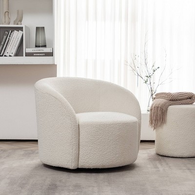 Cream Upholstered Swivel Barrel Accent Chair with Wood Frame