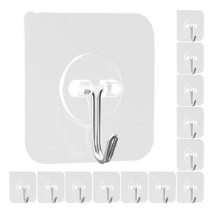 VEVOR Adhesive Hooks, 12 Pack Self-Adhesive Towel Coat Hooks, Heavy-Duty Wall Hook Hold 15 lbs (Max), Stainless Steel Sticky Hanger, Transparent - 1 of 4