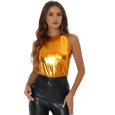 INSPIRE CHIC Women's Party Shiny Sleeveless Keyhole Back Club Metallic Tank Top