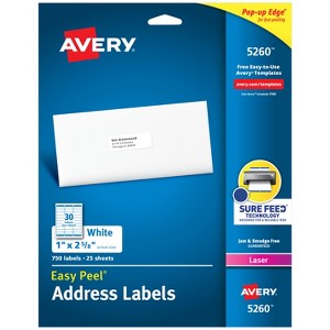Avery Easy Peel Printable Address Labels with Sure Feed, 1" x 2-5/8", White, 750 Blank Mailing Labels for Laser Printers (5260) - 1 of 4