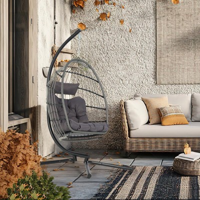 Egg Chair Outdoor with Stand, Indoor Outdoor Wicker Hanging Egg Chair Swing with Cushion, 350 Lbs Weight Capacity, for Patio, Bedroom, Balcony, Grey