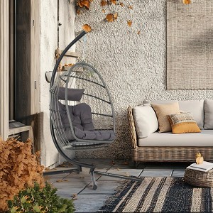 Egg Chair Outdoor with Stand, Indoor Outdoor Wicker Hanging Egg Chair Swing with Cushion, 350 Lbs Weight Capacity, for Patio, Bedroom, Balcony, Grey - 1 of 4