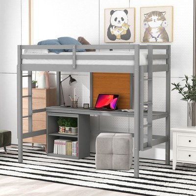 NicBex Twin/Full Size Loft Bed with Desk & Chalkboard,Rustic Full Loft Bed with 2-Drawer Cabinet,Wooden Loft Bed for Kids,Teens