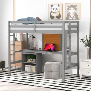 NicBex Twin/Full Size Loft Bed with Desk & Chalkboard,Rustic Full Loft Bed with 2-Drawer Cabinet,Wooden Loft Bed for Kids,Teens - 1 of 4