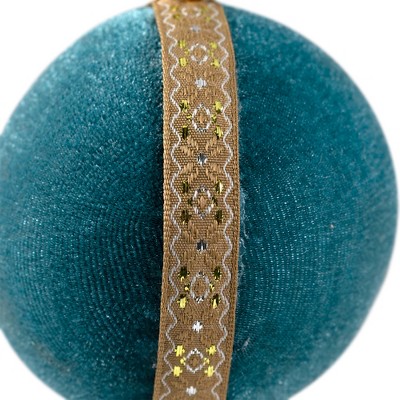 Teal and Gold Velour Christmas Ball Ornament 3.25"