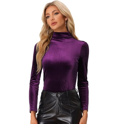 Allegra K Women's Solid Turtleneck Velvet Long Sleeve Work Basic Velour Blouse