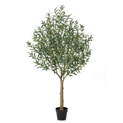 DR.Planzen 5-8FT Lush Artificial Olive Tree - UV Resistant Fake Plant with Black Fruits in 7x8" Black Pot for Indoor/Outdoor House & Floor Decor