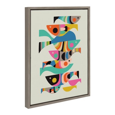 Colorful Abstract Fish Canvas Wall Art in Gray Frame