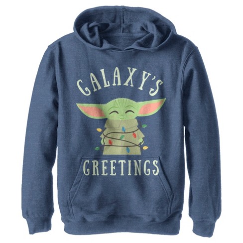 Boy s Star Wars The Mandalorian Christmas The Child Greetings Pull Over Hoodie Navy Blue Heather X Large