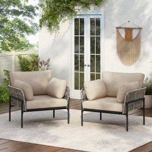 36"W Patio Accent Chair Lounge Chair Arm Chair with Cushions, Pillows and Stylish Rope-Weave Design, Iron, Beige+Grey/Natural-ModernLuxe - 1 of 4