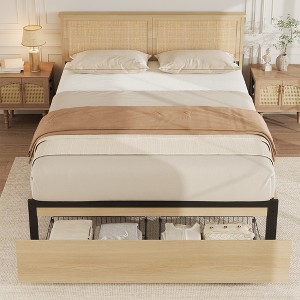Full/Queen/King Size Bed Frame, Wooden Boho Platform Bed Frame with Natural Rattan Headboard, Cane Bed Frame with 2 Storage Drawers - 1 of 4