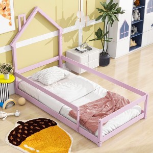 Montessori Wood bed with House-shaped Headboard Floor bed with Fences - 1 of 4