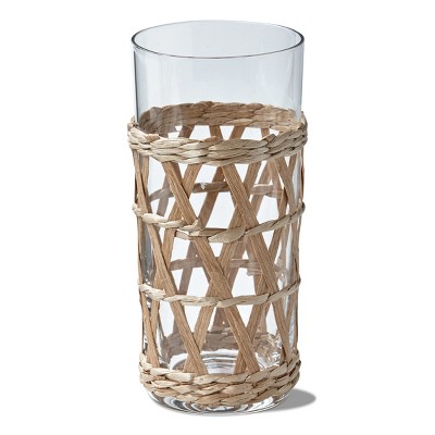 TAG Island Collection Clear Glass High Ball Glass Drinkware with Natural Cattail Braided Sleeve, 16 oz. Set 4