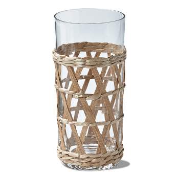tagltd Island Collection Clear Glass High Ball Glass Drinkware with Natural Cattail Braided Sleeve, 16 oz.