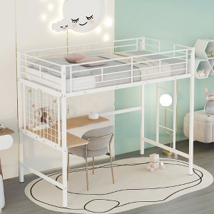 CAVINAS Twin Size Modern Loft Bed with Desk & Metal Grid,Simple Metal Bed Frame for Bedroom,Study,White - 1 of 4