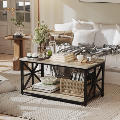 2 Tier Coffee Table for Living Room with Round Corner, Modern Farmhouse Center Table Easy to Assemble