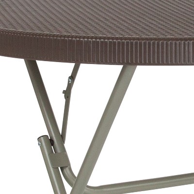 Petite Round Gray Metal Folding Table with Brown Plastic Top
