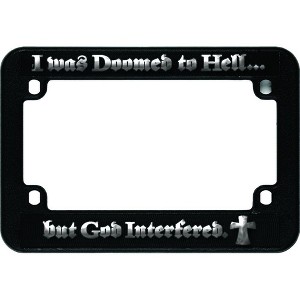 Christian Motorcycle License Plate Frame "I Was Doomed to Hell... but God Interfered." - 1 of 1