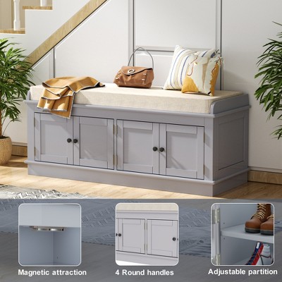 Gray Wash Upholstered Storage Bench with Cushion and Doors