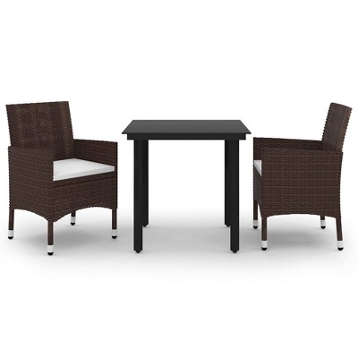 vidaXL 3 Piece Patio Dining Set with Cushions Poly Rattan and Glass Brown