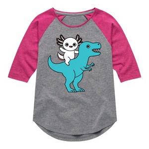 Girls' - Instant Message - Axolotl Riding A Dinosaur Shirt Tail Raglan Graphic T-shirt - 1 of 4