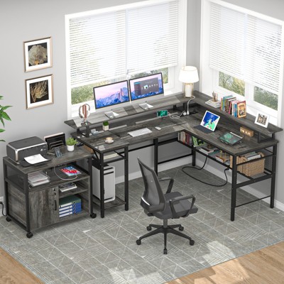 Aheaplus L Shape Computer Desk Reversible Gaming Desk with Charge Station and LED Light