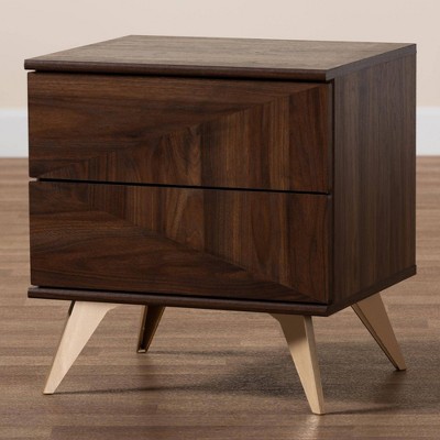 Graceland Walnut Brown 2-Drawer Nightstand with Gold Cone Legs
