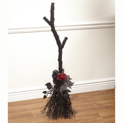 Lakeside Gothic Rose Halloween Witches Broom with Faux Red Rose Accent