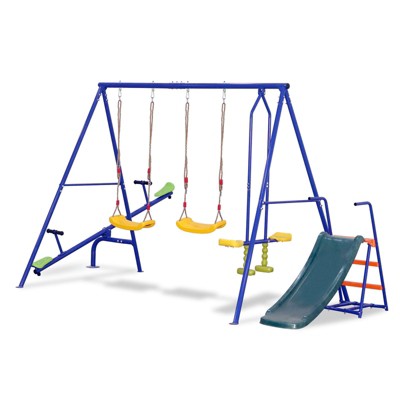 Ruvalino Playground Swings 5 in 1 Heavy Duty Swing Set with Slide and Glider for Backyard Play, Multicolored, 139.76"*62.99"*70.86"