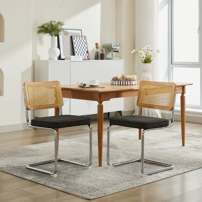Mid Century Modern Dining Chairs Set of 2, Rattan Back and Chrome Cantilever Base, Upholstered Accent Chairs for Kitchen or Office-Tanpinhause