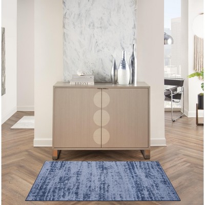 Denim Blue Abstract Synthetic Reversible Outdoor Rug 38"