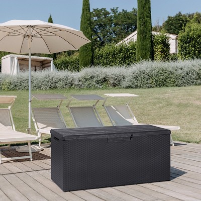 Gray Lockable Plastic Wicker Deck Box with Wheels