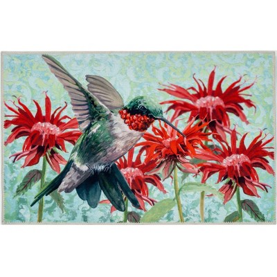 Olivia's Home Hummingbird in Scarlet Blossoms Doormat – Elegant Indoor Accent Mat, 22" x 32", Botanical Design, Soft Rectangle Mat