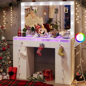 Petrimins Makeup Vanity Desk with Mirror and Tempered Glass Top, 3-Color LED Lights Makeup Table with Power Outlet and 11 Larger Drawers - 1 of 4