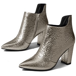 Perphy Women's Pointed Toe Stone Pattern Cutout Block Heels Ankle Booties - 1 of 3