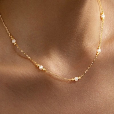 Turandoss Gold Pearl Necklaces for Women - Dainty 18k Gold Pearl Choker Pearl Necklace, Prom Jewelry Gifts, Bridal Bridesmaid Wedding Gifts, 15+2.5In
